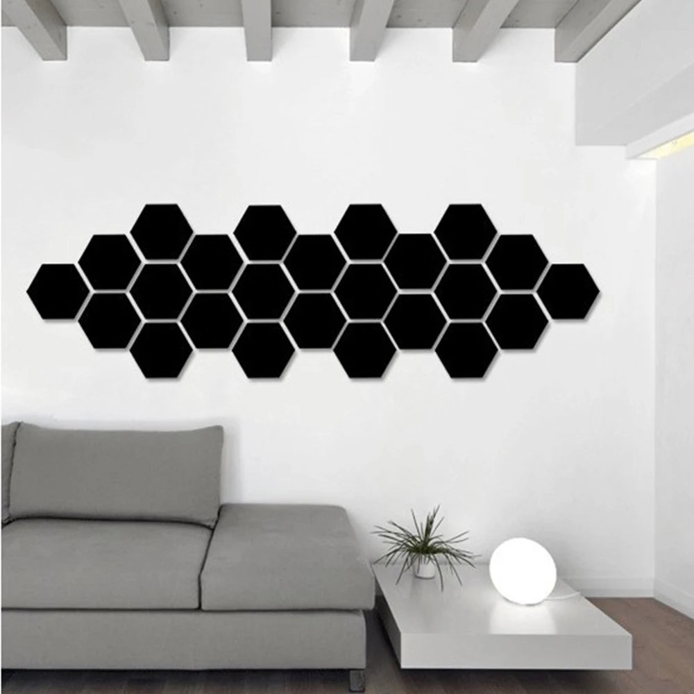 3D Hexagon Mirror Wall Stickers | 12pcs Acrylic DIY Removable Decal | Silver Gold Black Living Room Home Decor Art