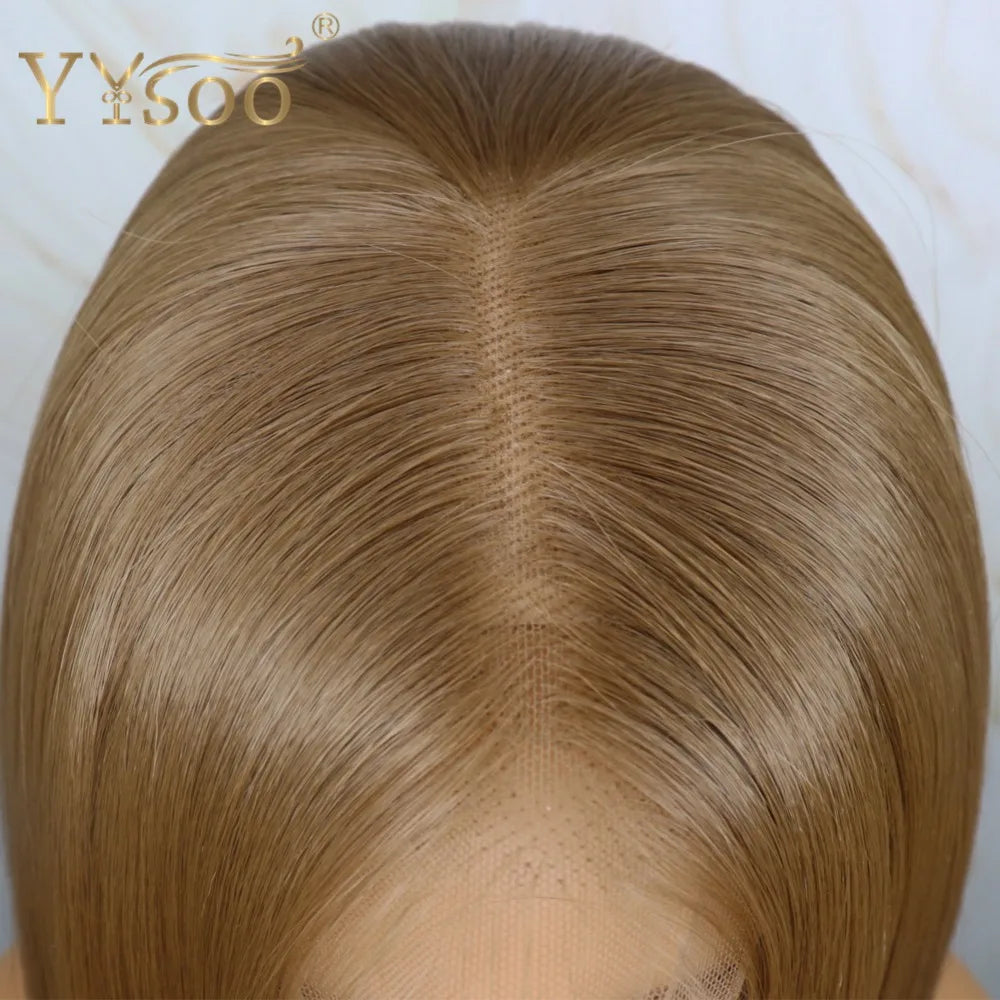 YYsoo Short 13x4 Futura Synthetic Lace Front  Wig #10 Color Silky Straight Brown Wigs for Women Heat Resistant Natural Hairline