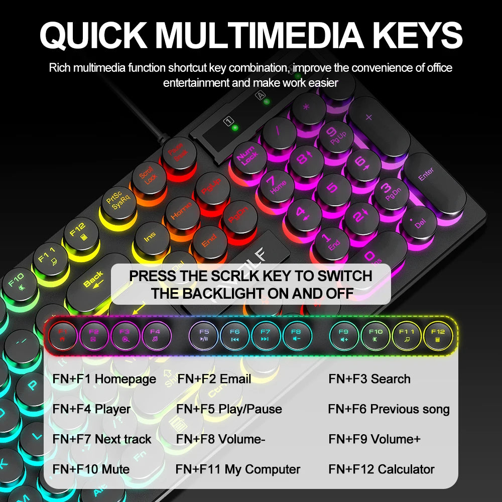 T-WOLF RGB Round Key Gaming Keyboard – USB Wired LED Rainbow Backlit Keyboard for PC & Laptop
