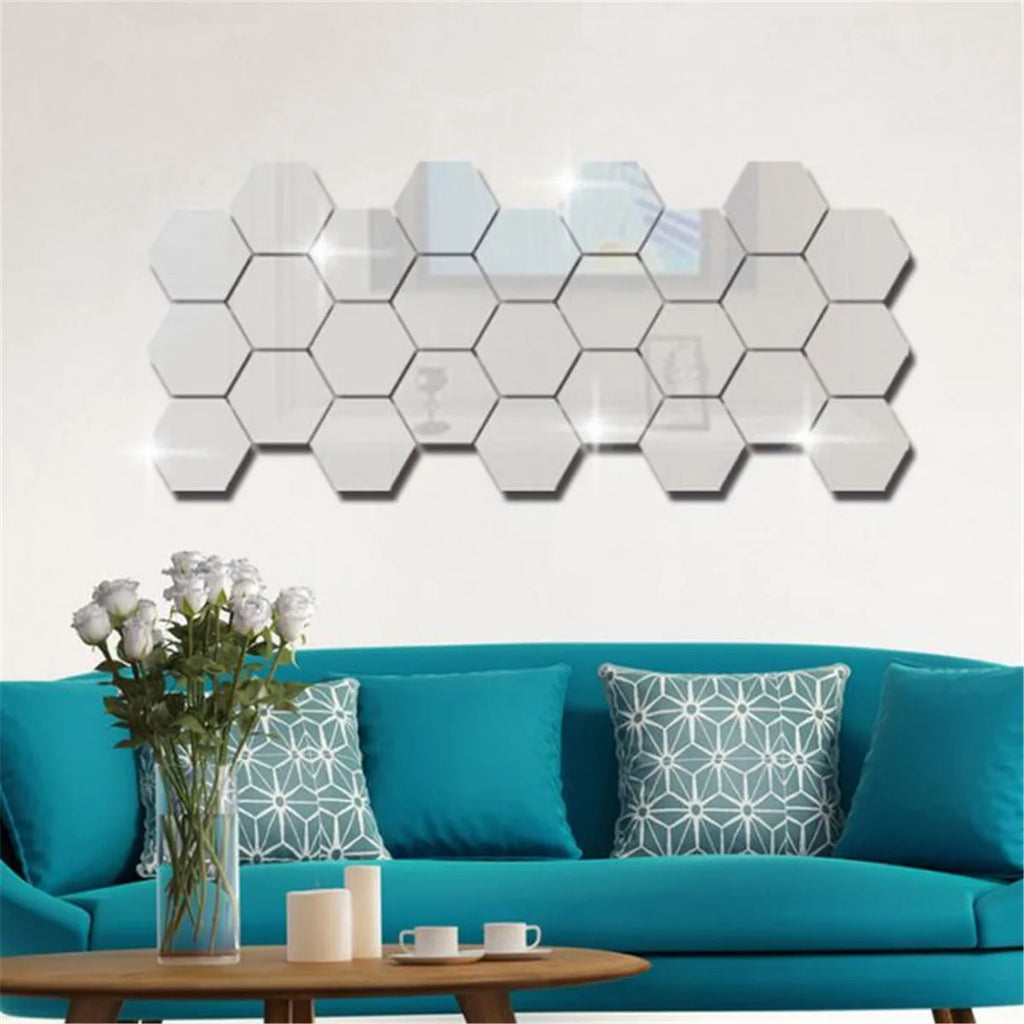 3D Hexagon Mirror Wall Stickers | 12pcs Acrylic DIY Removable Decal | Silver Gold Black Living Room Home Decor Art