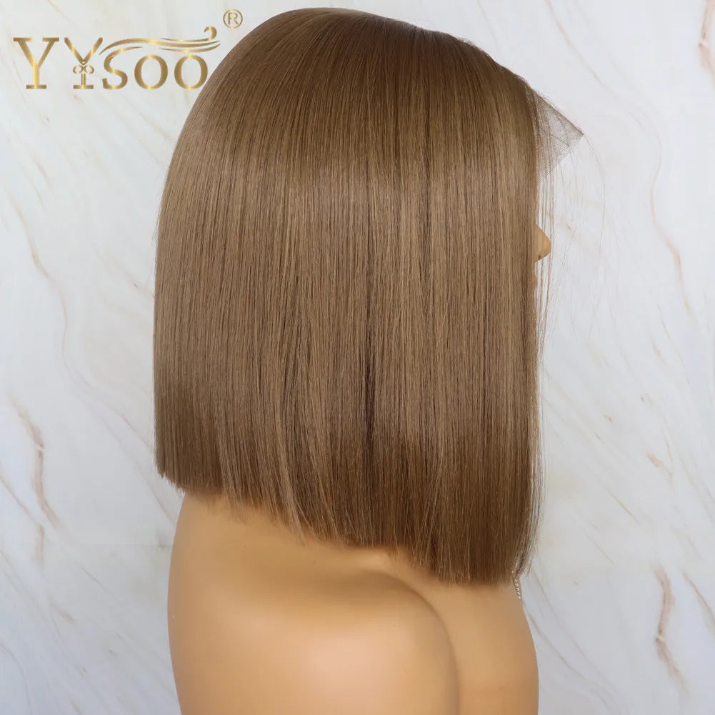 YYsoo Short 13x4 Futura Synthetic Lace Front  Wig #10 Color Silky Straight Brown Wigs for Women Heat Resistant Natural Hairline