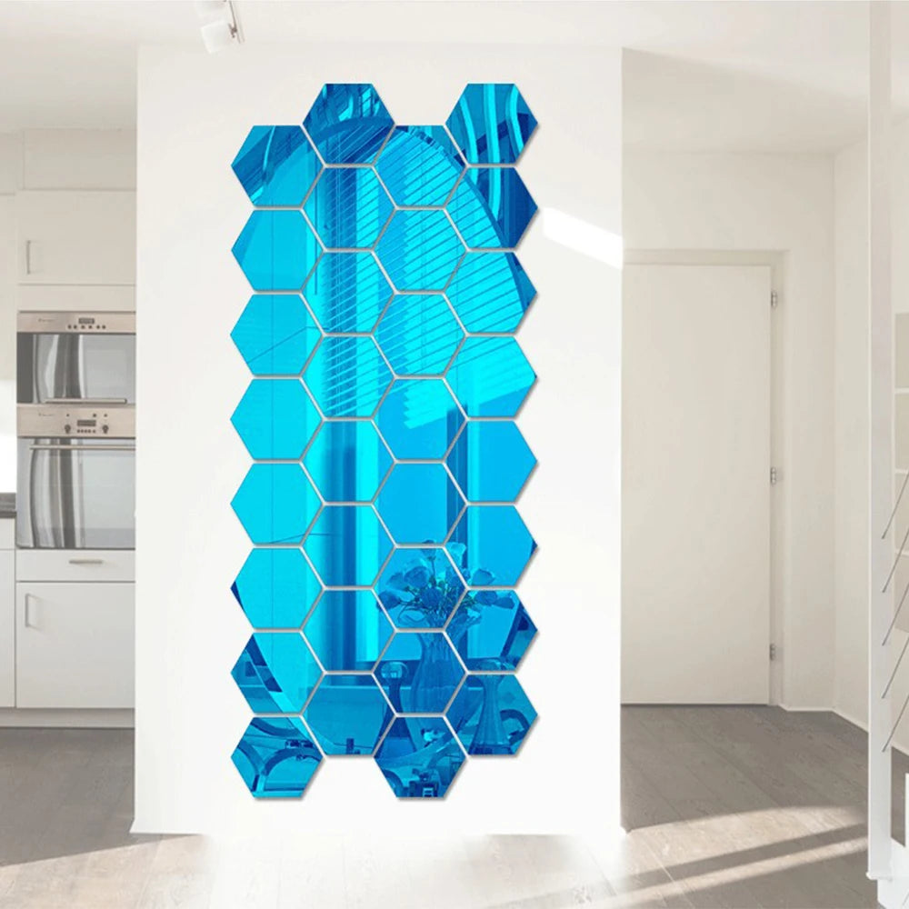 3D Hexagon Mirror Wall Stickers | 12pcs Acrylic DIY Removable Decal | Silver Gold Black Living Room Home Decor Art