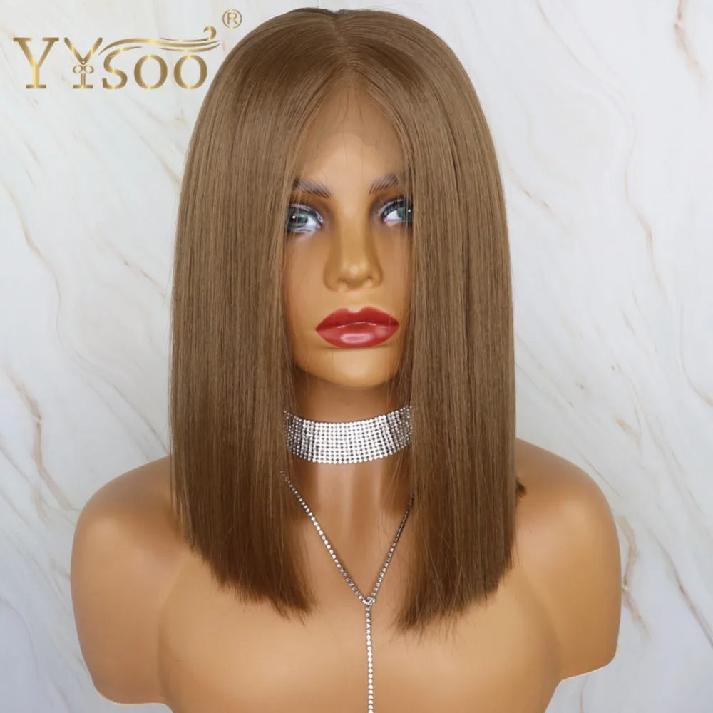 YYsoo Short 13x4 Futura Synthetic Lace Front  Wig #10 Color Silky Straight Brown Wigs for Women Heat Resistant Natural Hairline