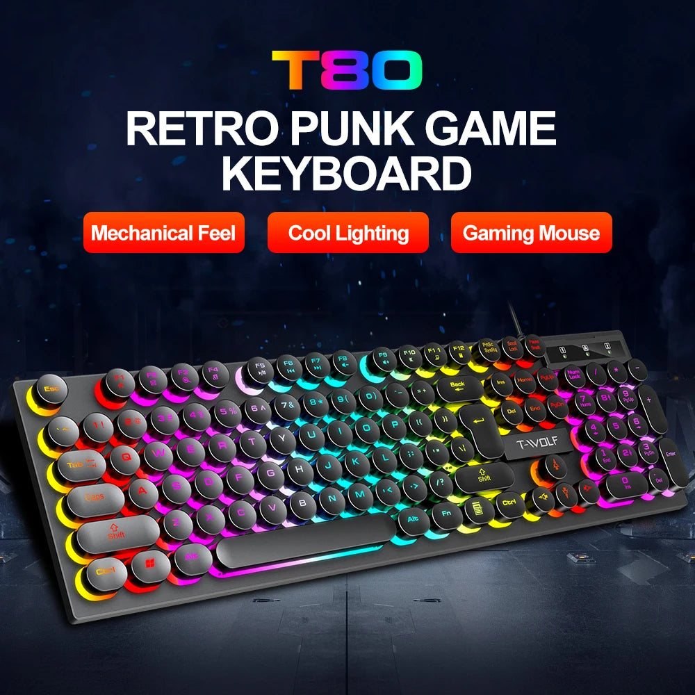 T-WOLF RGB Round Key Gaming Keyboard – USB Wired LED Rainbow Backlit Keyboard for PC & Laptop