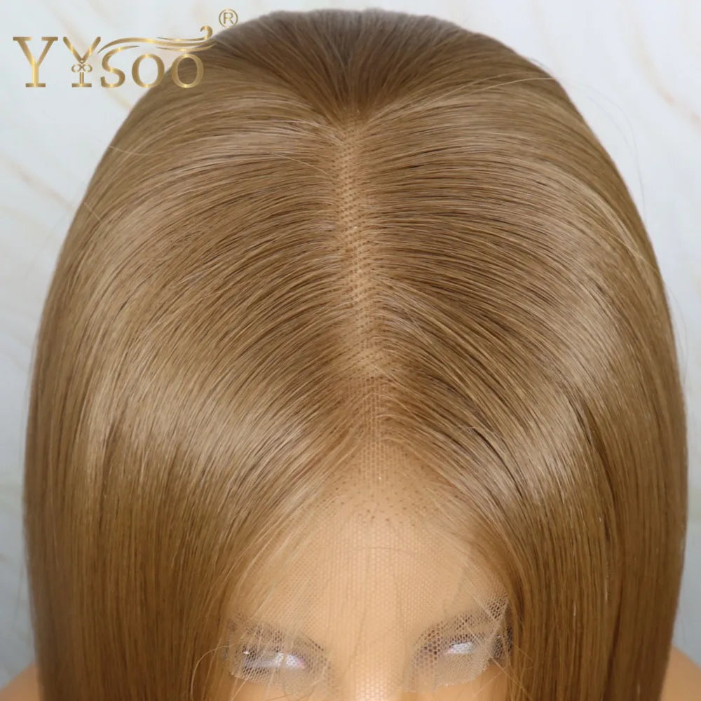 YYsoo Short 13x4 Futura Synthetic Lace Front  Wig #10 Color Silky Straight Brown Wigs for Women Heat Resistant Natural Hairline