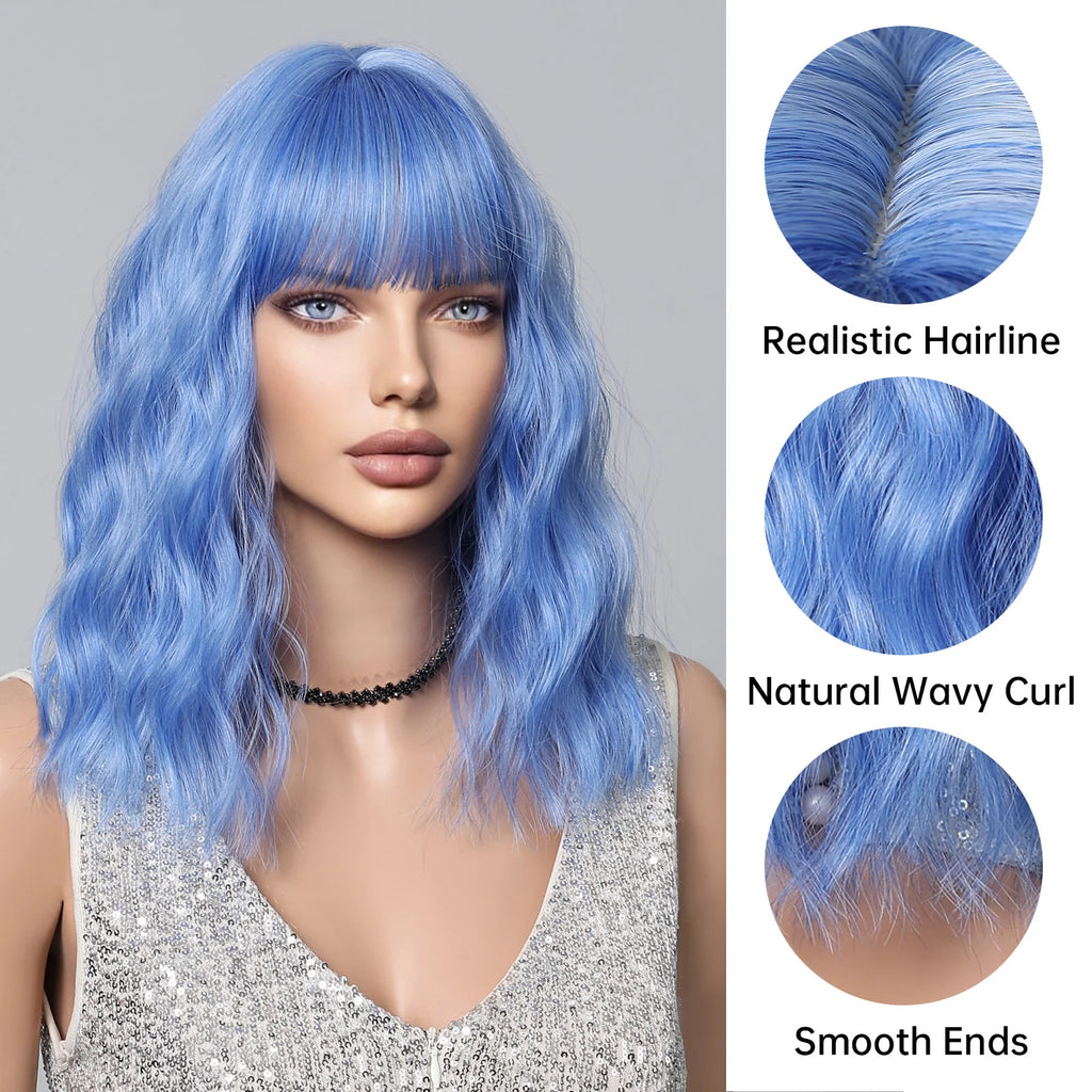 Sky Blue Short Bob Wigs for Women Synthetic Wavy Curly Wigs with Bangs Cosplay Halloween Blue Wig Natural Heat Resistant Hair