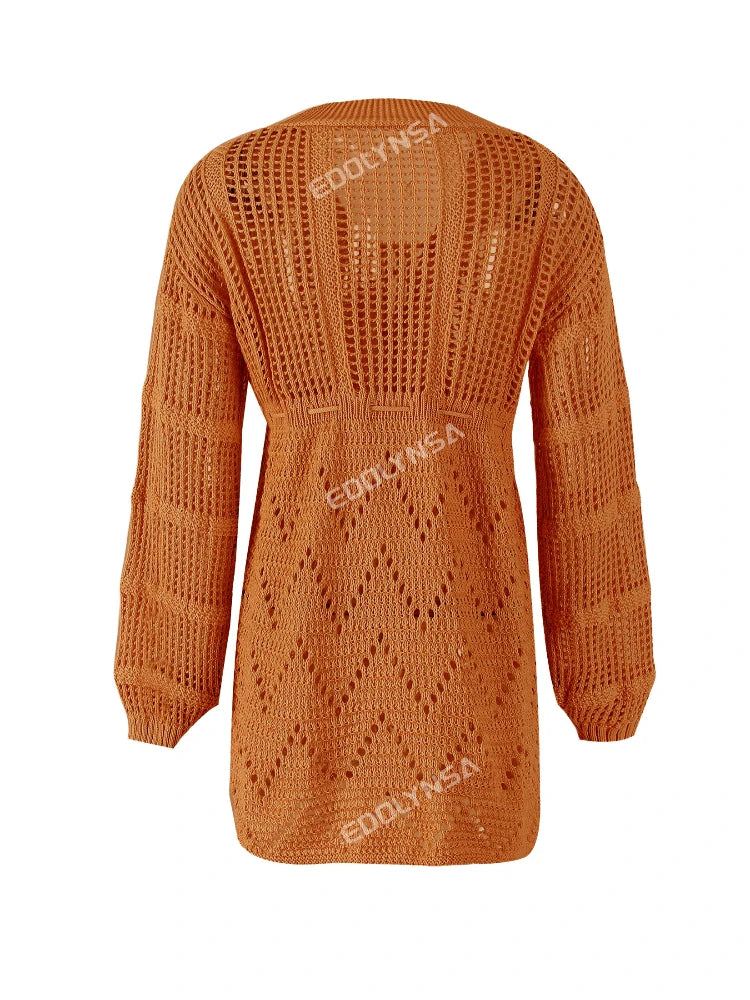 Sexy Deep V-neck Lace-up Bell Sleeve Knit Mesh Hollow Out Beach Mini Dress 2026 Summer Swimsuit Cover Up Women Casual Tunic K14