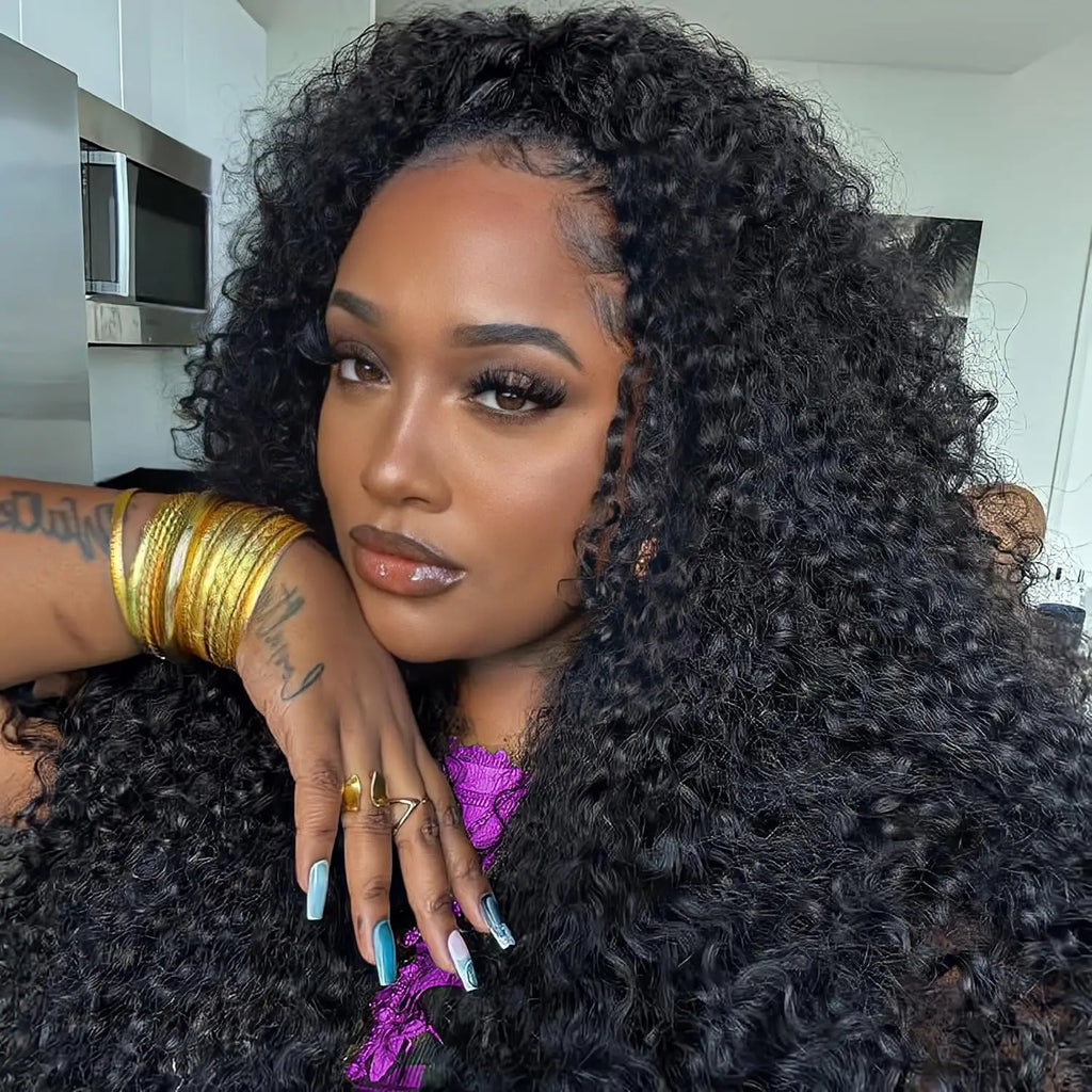 250% Density Deep Curly Half Wigs Human Hair Water Wave Wig Upgrade 3 IN 1 Half Wig With Drawstring Seamless Clip Ins Flip Over