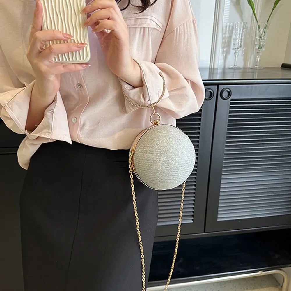 Gold Bright Silk Circular Evening Bag Women Banquet Clutch Rhinestone Decor Chain Shoulder Bags Luxury Female Party Handbags