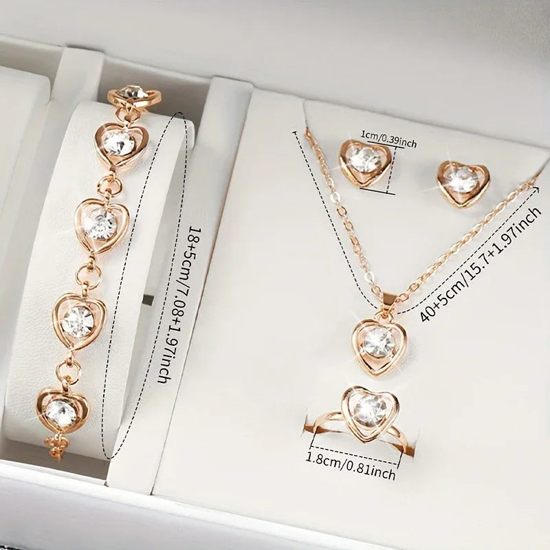 Gold Heart Shaped Jewelry Set – 5-Piece Rhinestone Double Heart Ring, Earrings & Necklace for Women
