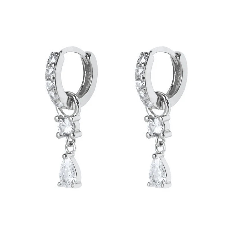 WOMEN 925 Silver Needle Water Drop Geometric Zircon White Zircon Crystal Flowers Pendant Hoop Earrings Fashion Wedding Jewelry