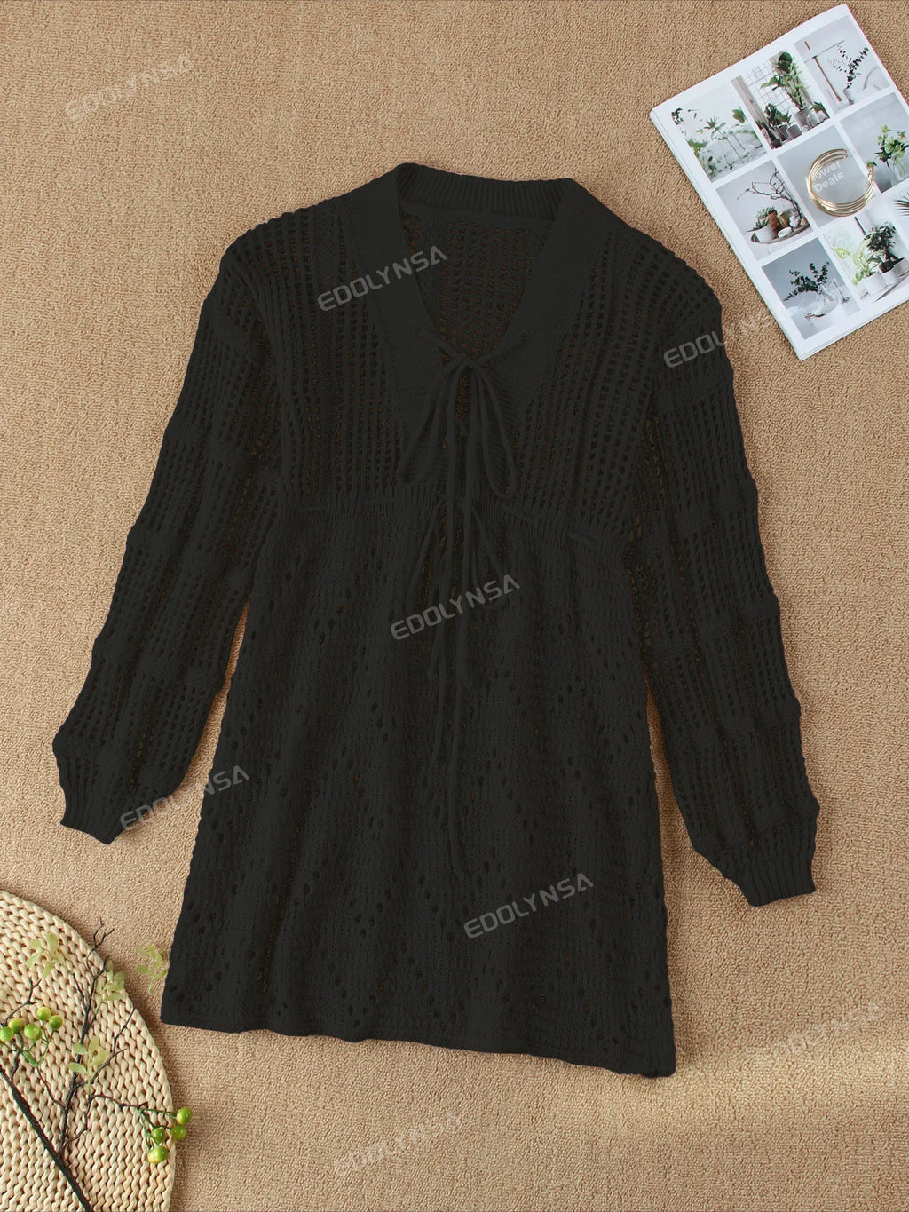 Sexy Deep V-neck Lace-up Bell Sleeve Knit Mesh Hollow Out Beach Mini Dress 2026 Summer Swimsuit Cover Up Women Casual Tunic K14