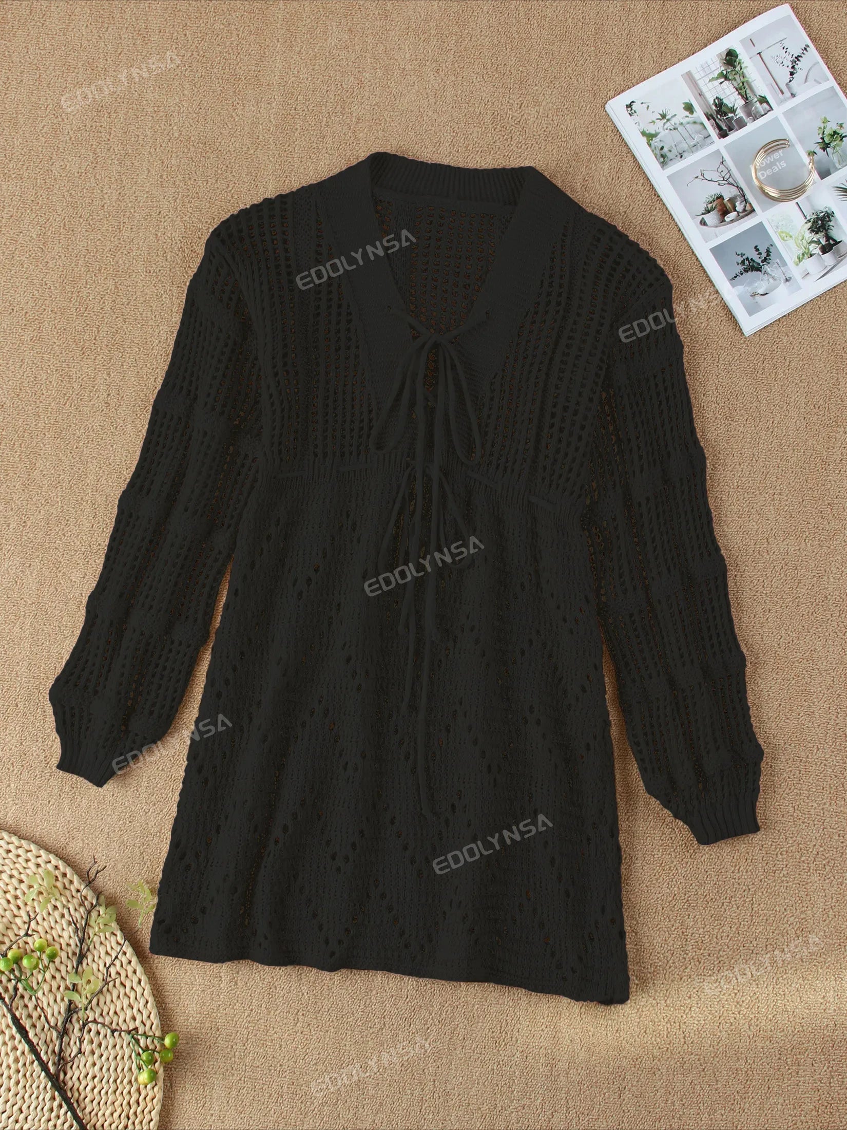 Sexy Deep V-neck Lace-up Bell Sleeve Knit Mesh Hollow Out Beach Mini Dress 2026 Summer Swimsuit Cover Up Women Casual Tunic K14