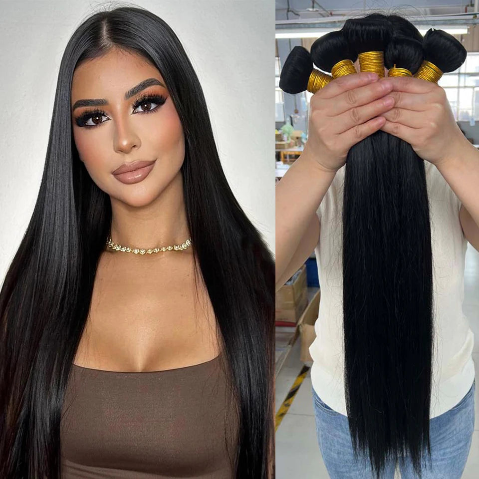 Brazilian 30 40 Inch Raw Virgin Unprocessed Human Hair Extensions Bone Straight Human Hair Weave Bundles 1/3/4 Pcs Double Wefts