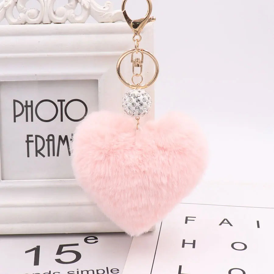 Soft Rabbit Fur Love Zircon Ball Charm Key Chain Jewelry for Women Colorful Love Key Ring Accessories Bags Keychains for Girls
