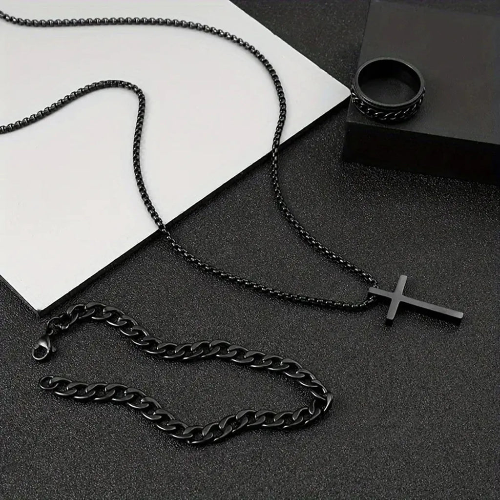 Hip Hop Fashion Cross Pendant Necklace Bracelet Chain Ring Men's Set Simple Personality Party Three Piece Jewelry Accessories