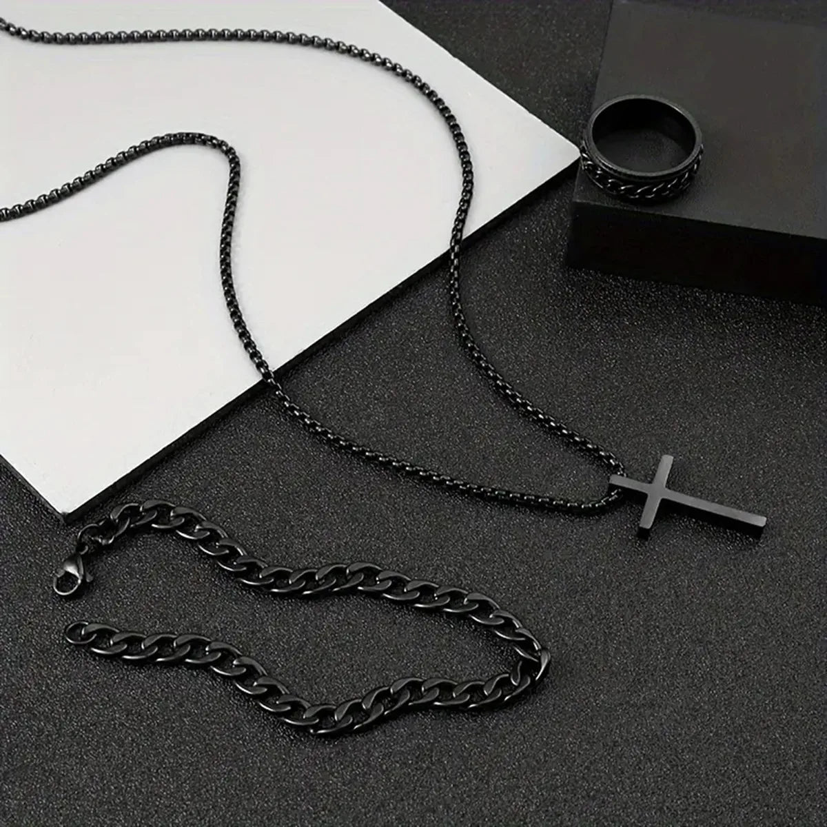 Hip Hop Fashion Cross Pendant Necklace Bracelet Chain Ring Men's Set Simple Personality Party Three Piece Jewelry Accessories