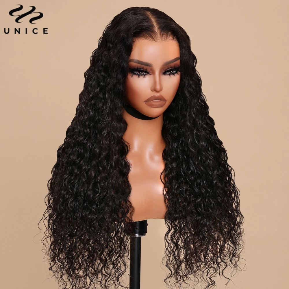UNice 7x5 & 13x4 Lace Water Wave Human Hair Wig With Drawstring & Baby Hair Pre Cut Pre Bleached Glueless Wig