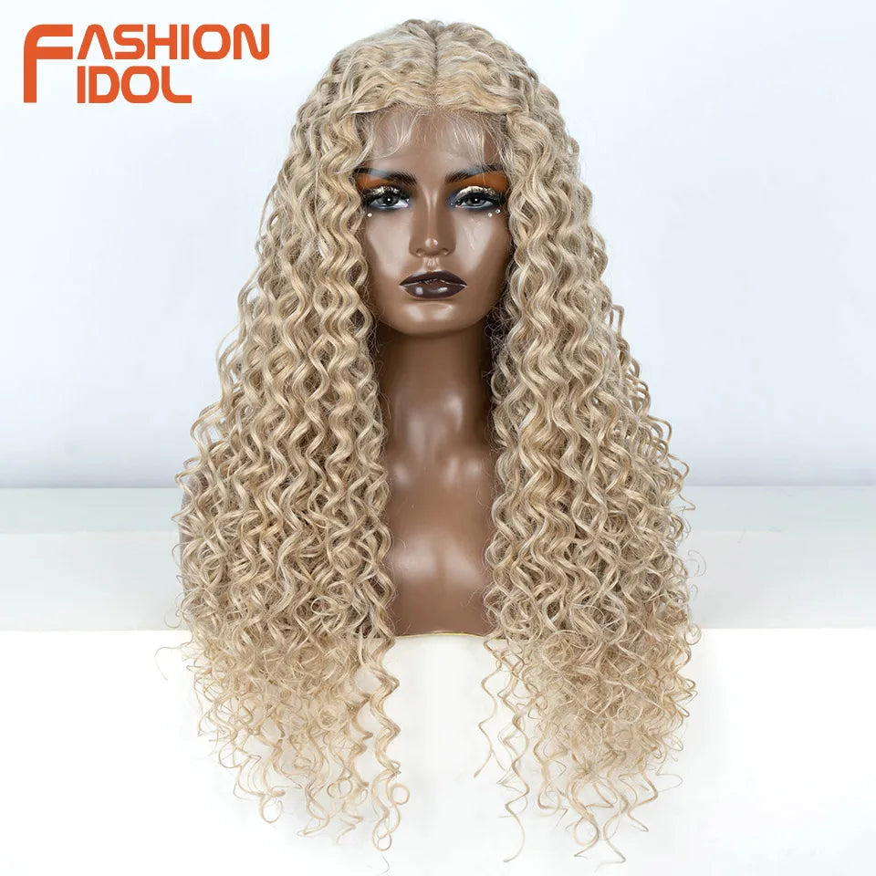 FASHION IDOL 30 inch Afro Kinky Curly Lace Wig Synthetic With Baby Hair High Temperature Fiber Ombre Blonde Lace Wigs For Women