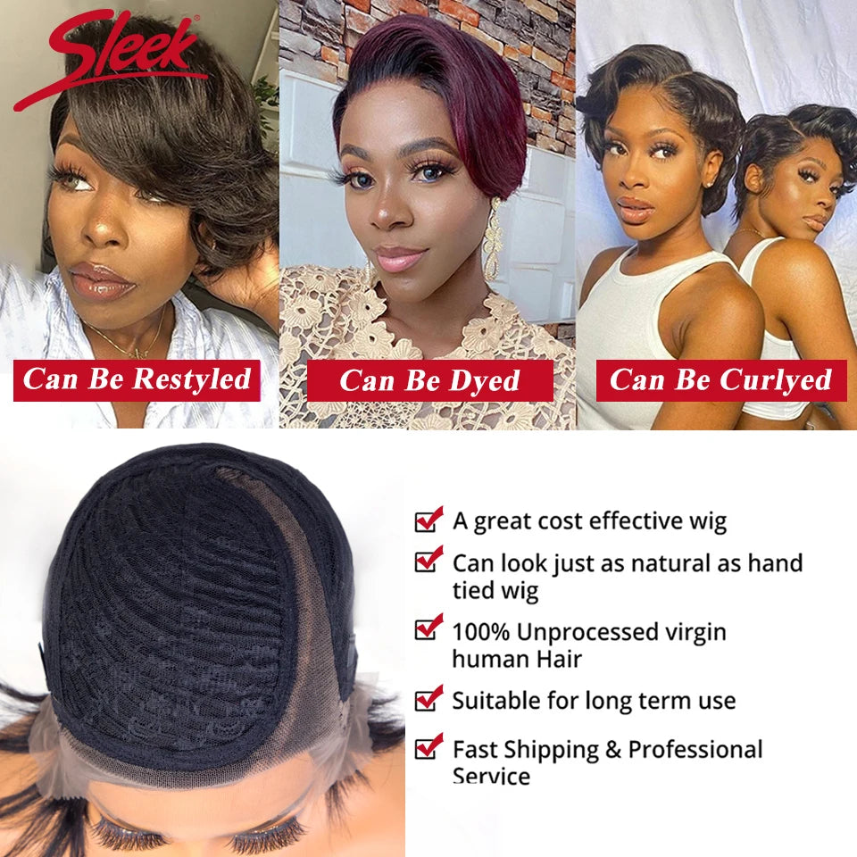 Sleek Glueless HD Lace Wigs Short Pixie Bob T Part Lace Front Human Hair Wigs For Women Peruvian Remy Hair Ombre Blonde 613 Wig
