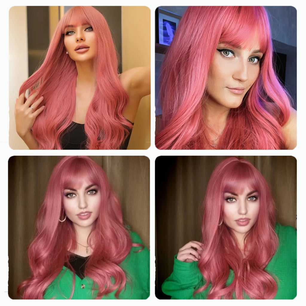 LOUIS FERRE Long Wavy Pink Synthetic Wigs with Bangs for Women Hot Pink Curly Heat Resistant Hair Wig for Cosplay Halloween Use