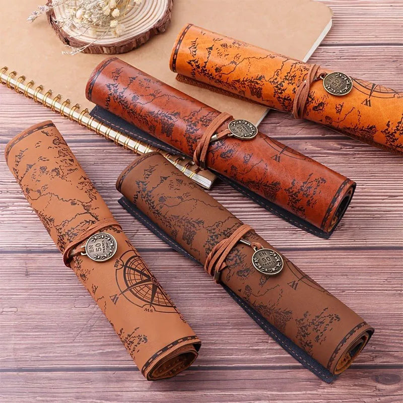 Treasure Map Leather PU Retro Boy Girl Pencil Bag Cosmetic Bag Roll Pen Bag For Student Gifts Stationery Brush Makeup Supplies