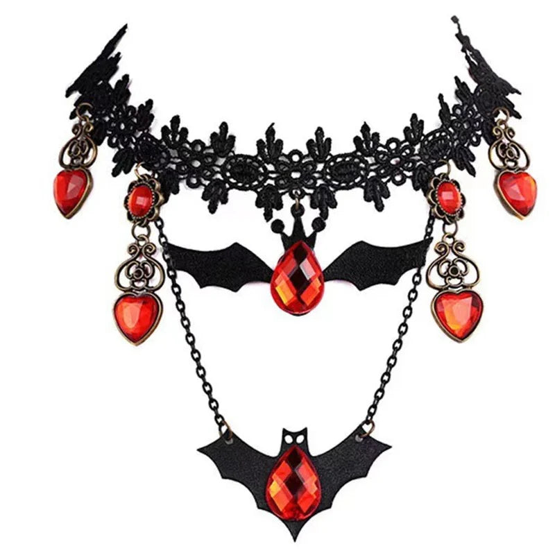 Goth Halloween Jewelry Set – Bat & Spider Charm Earrings, Necklace & Bracelet Choker
