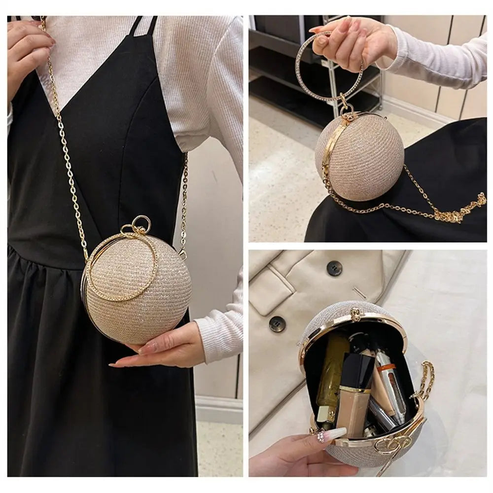 Gold Bright Silk Circular Evening Bag Women Banquet Clutch Rhinestone Decor Chain Shoulder Bags Luxury Female Party Handbags