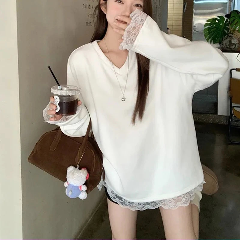 Chic Lace Patchwork Long Sleeve T Shirt Women Loose Warm White O Neck Tops Korean Fashion Office Ladies Casual V Neck Tees New