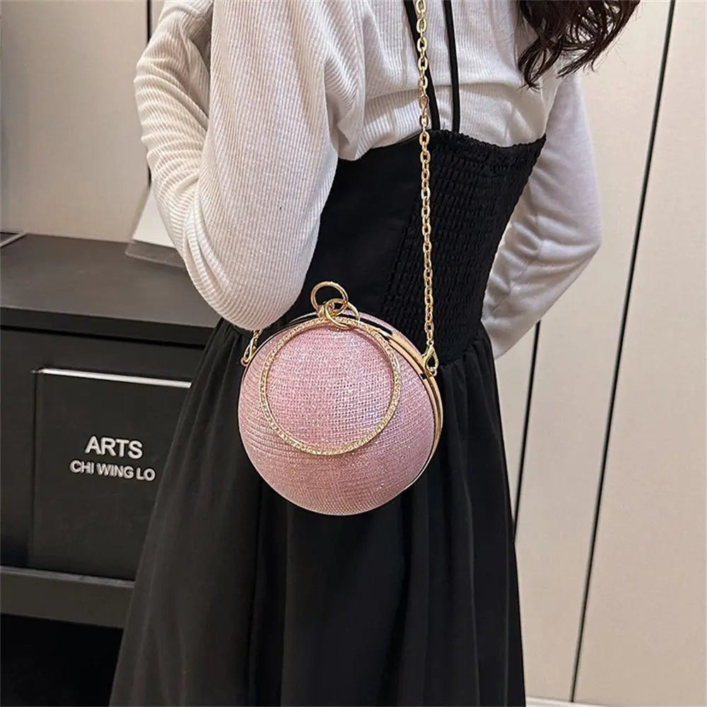 Gold Bright Silk Circular Evening Bag Women Banquet Clutch Rhinestone Decor Chain Shoulder Bags Luxury Female Party Handbags