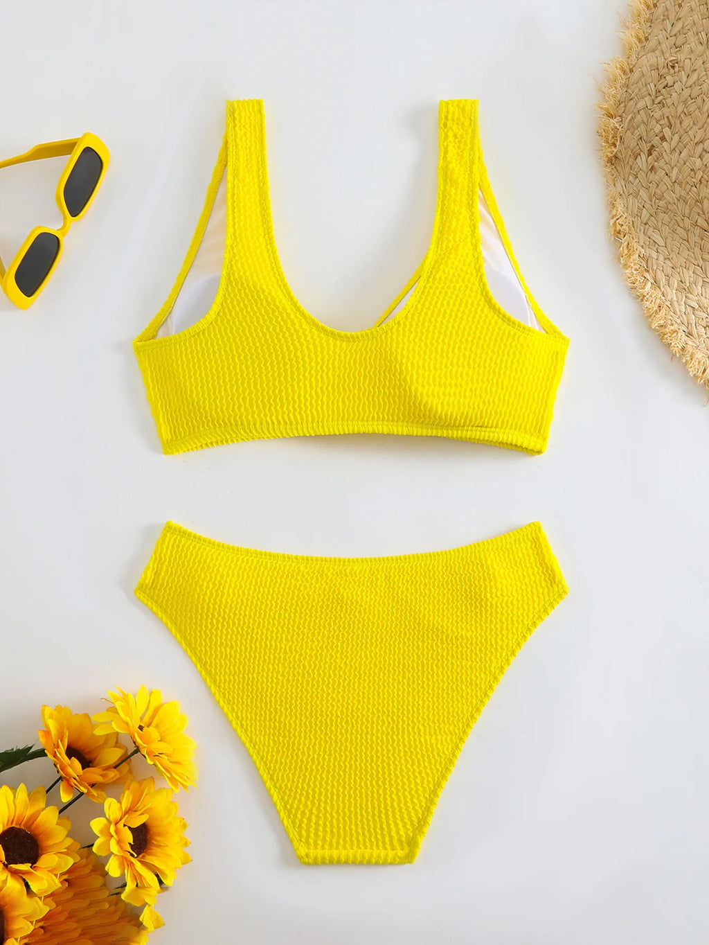 2026 Summer New Women's 2 Piece Swimsuit Solid Color High Waist Bikini Set V-neck Backless Beach Vacation Bathing Suit Swimwear