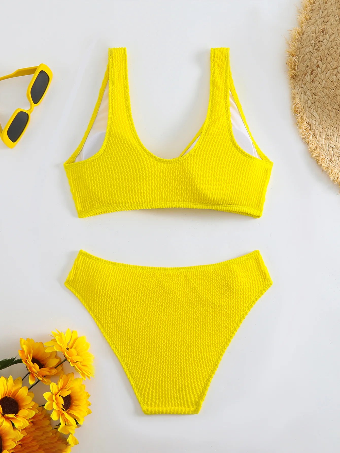 2026 Summer New Women's 2 Piece Swimsuit Solid Color High Waist Bikini Set V-neck Backless Beach Vacation Bathing Suit Swimwear