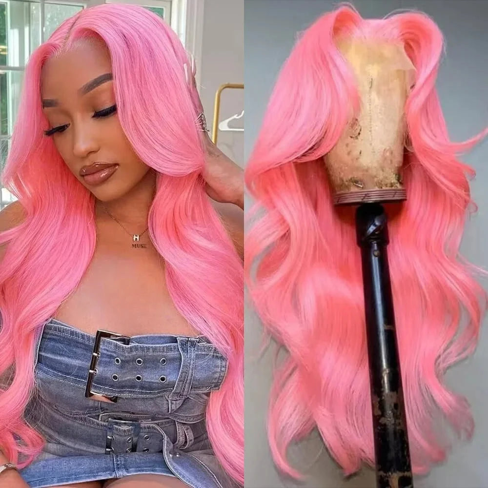 13x6 Pink Body Wave Lace Front Wigs For Women Long Wavy Hair Wig Soft Lace Wig With Natural Hairline Human Hair Party Cosplay