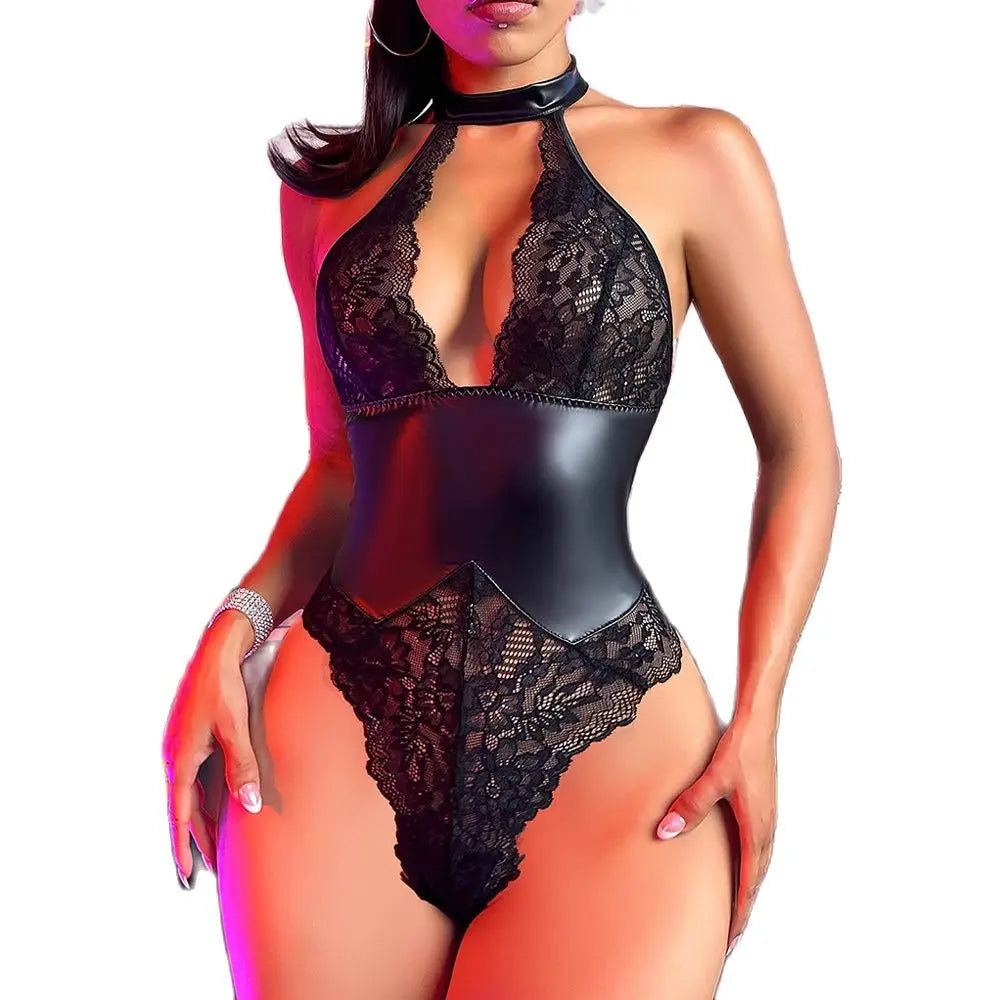 S-XXL Halter Backless Lace Transparent Swimsuit Tight Faux PU Leather High Cut Thong Bodysuit Sexy Clubwear Body Teddies Leotard
