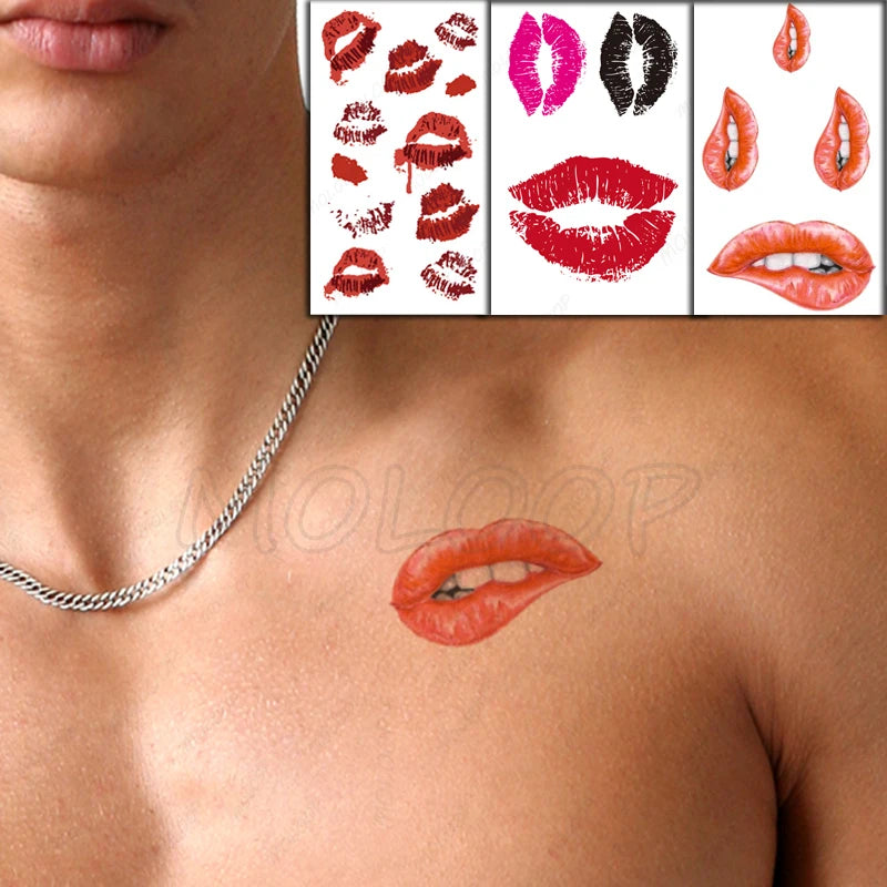 Sexy Red Lips Water Transfer Tattoo – Waterproof Body Art 10.5x6cm