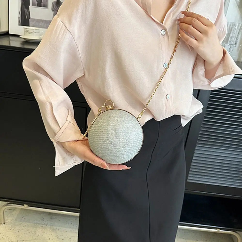 Gold Bright Silk Circular Evening Bag Women Banquet Clutch Rhinestone Decor Chain Shoulder Bags Luxury Female Party Handbags