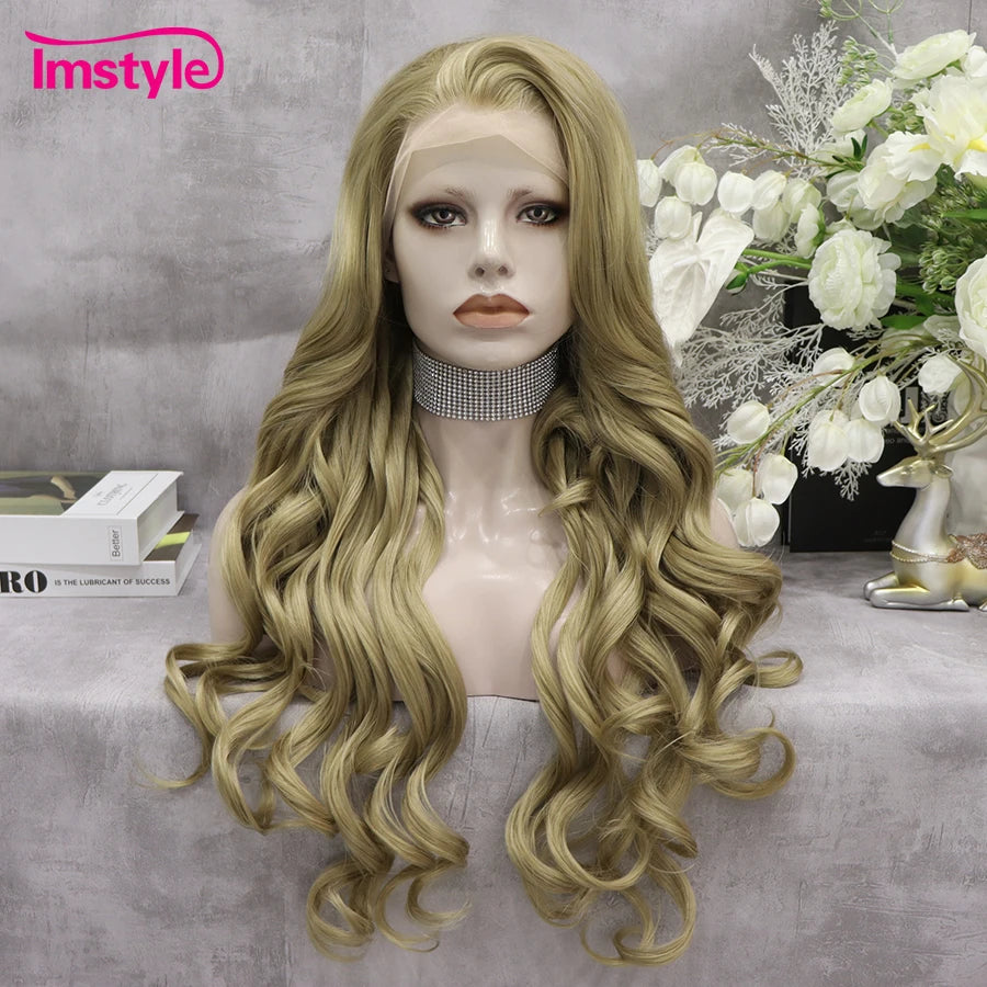 Imstyle Platinum Blonde Wig Long Synthetic Lace Front Wig Natural Wavy Wig For Women Heat Resistant Fiber Cosplay Wigs
