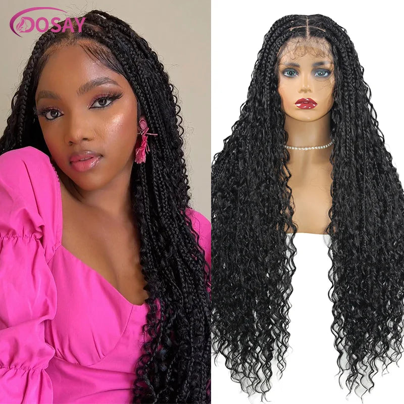 Blonde 613 Full Lace Front Synthetic Braided Wigs Boho Box Braids Wig 32'' Square Knotless Braided Wig With Curly Ends For Woman
