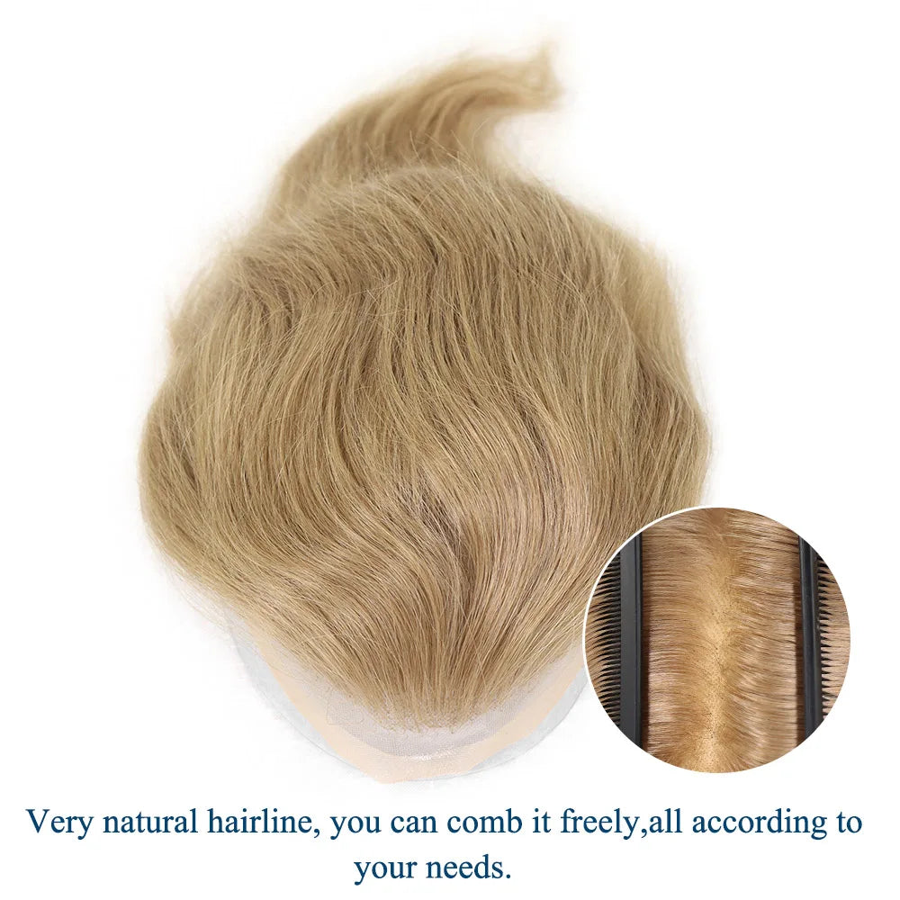 Human Hair Prosthesis for Men Toupee Breathable Lace Front with PU Mens Wig Replacement System Blonde Hairpiece 8x10inch