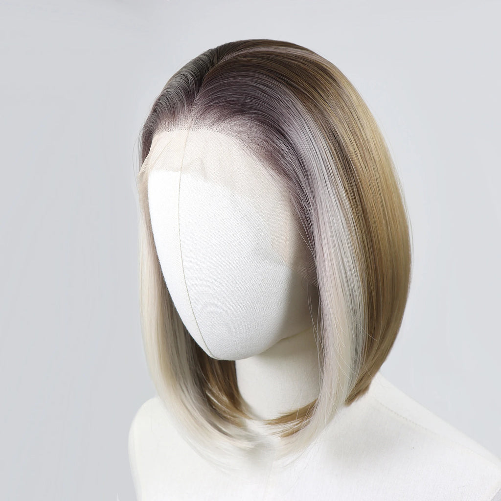 Ombre Blonde Highlight Short Bob Wigs Dark Roots Synthetic 13x4 Lace Front Brown Blonde Wig For Women Daily Use 150Density 12"