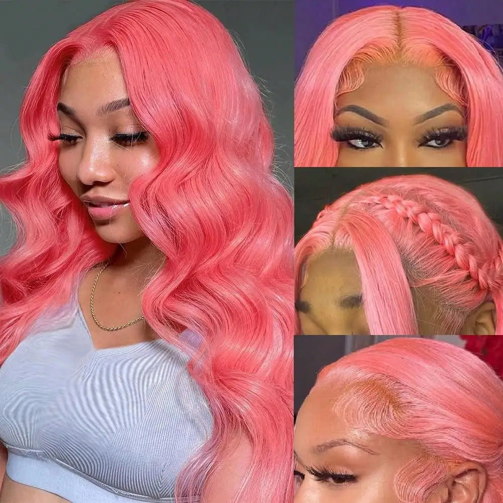 13x6 Pink Body Wave Lace Front Wigs For Women Long Wavy Hair Wig Soft Lace Wig With Natural Hairline Human Hair Party Cosplay