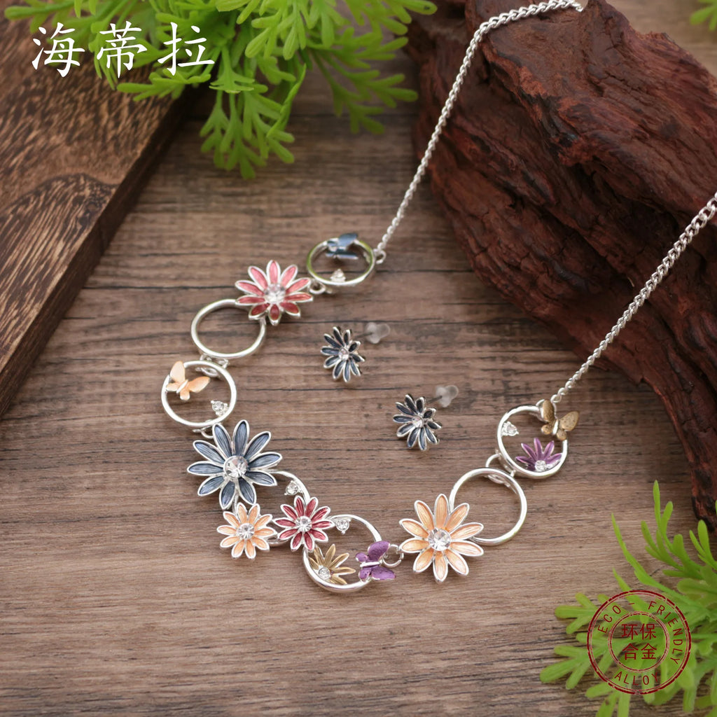 Enamel Daisy Stud Earrings & Necklace Set – Diamond Flower High-End Women's Jewelry