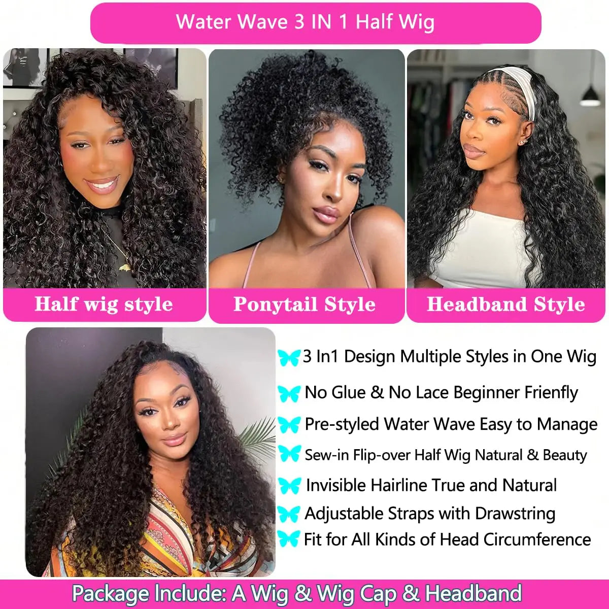 Water Wave 3 IN 1 Half Wig Human Hair Glueless Wig Human Hair Ready to Wear 36Inch Half Wig Drawstring Glueless Wig Human Hair