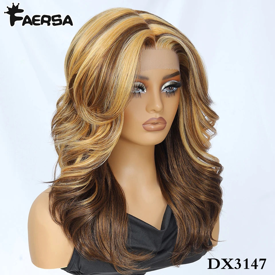 Ombre Brown Blonde Synthetic Body Wave Lace Front Wig 13x5x1 For Black Women 18“ T Part Wavy Layered Cosplay Wig with Baby Hair