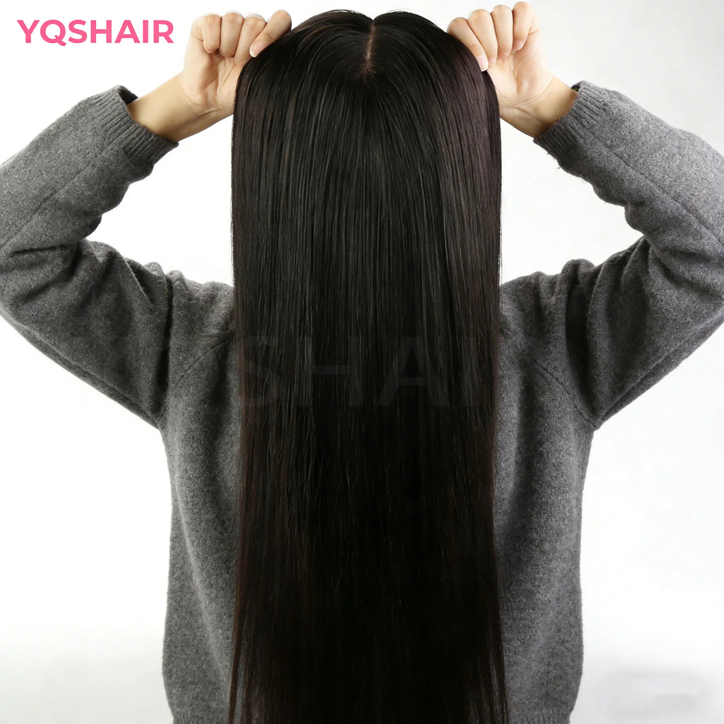 6x6inch Silk Base Topper with Air Bangs Virgin European Human Hair Wig for Women Silk Top with PU Front Glueless Soft Breathable