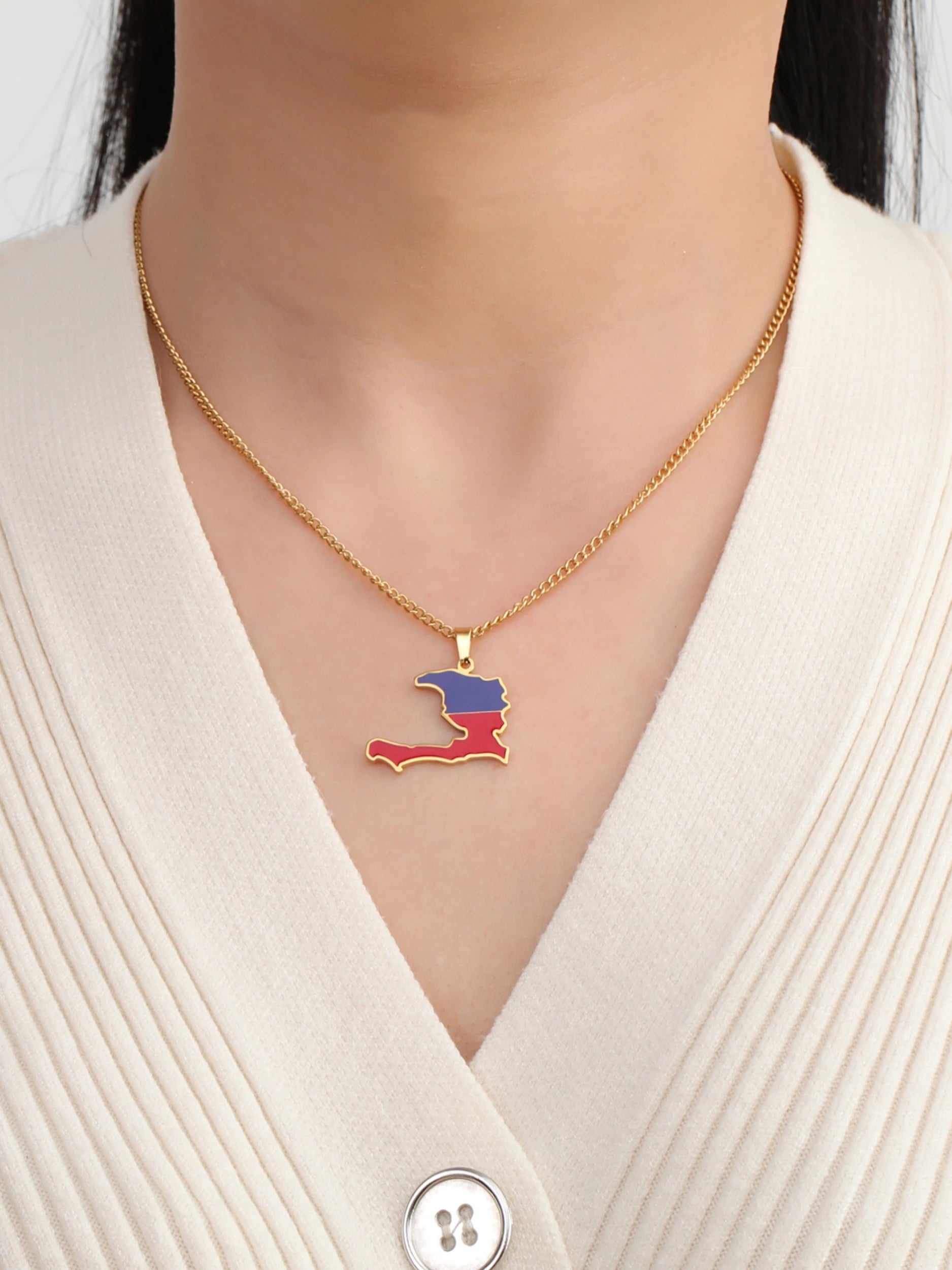 Haiti Flag Map Pendant Necklace – Stainless Steel Haitian Pride Jewelry for Men & Women