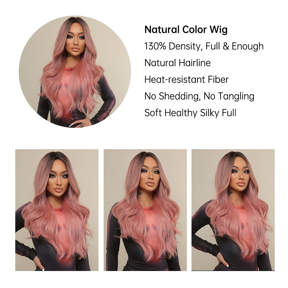 ALAN EATON Long Wavy Synthetic Wigs Ombre Black Pink Wigs for Women Cosplay Natural Middle Part Hair Wig High Temperature Fiber