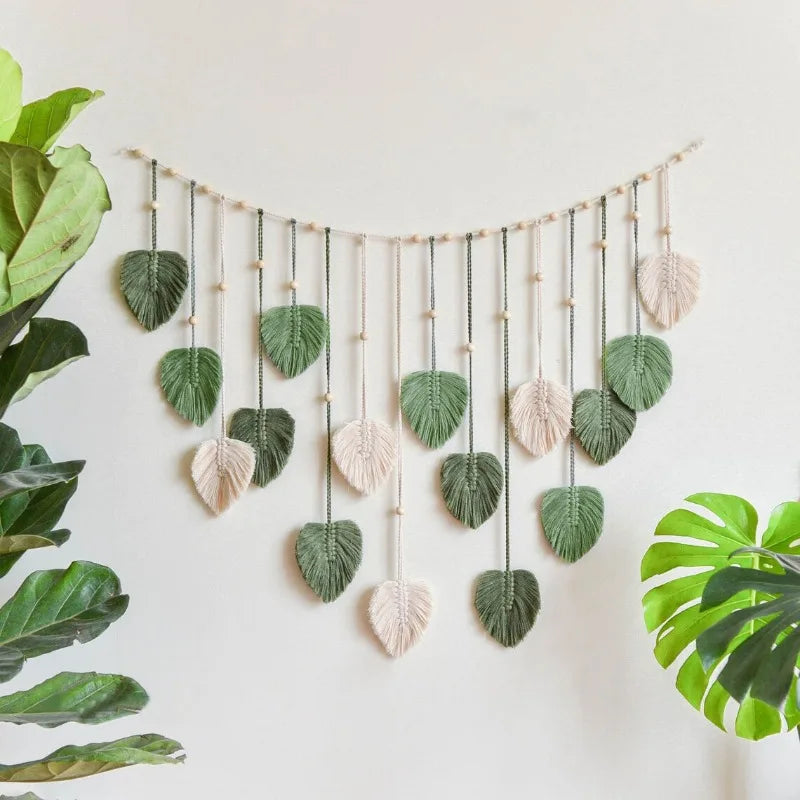 Boho Macrame Leaf & Feather Wall Hanging | Handmade Tapestry Wall Art | Living Room Bedroom Boho Home Decor