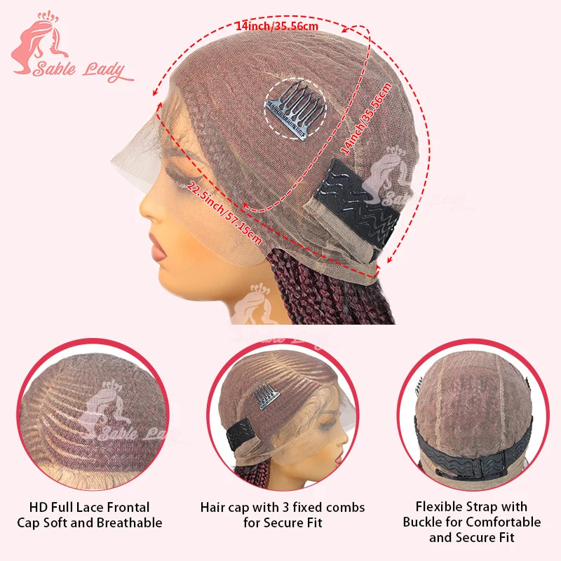 36" Full Lace Cornrow Braided Wigs Synthetic Burgundy Red Knotless Box Braids Wig Godness Side Part Braided Wigs for Black Women
