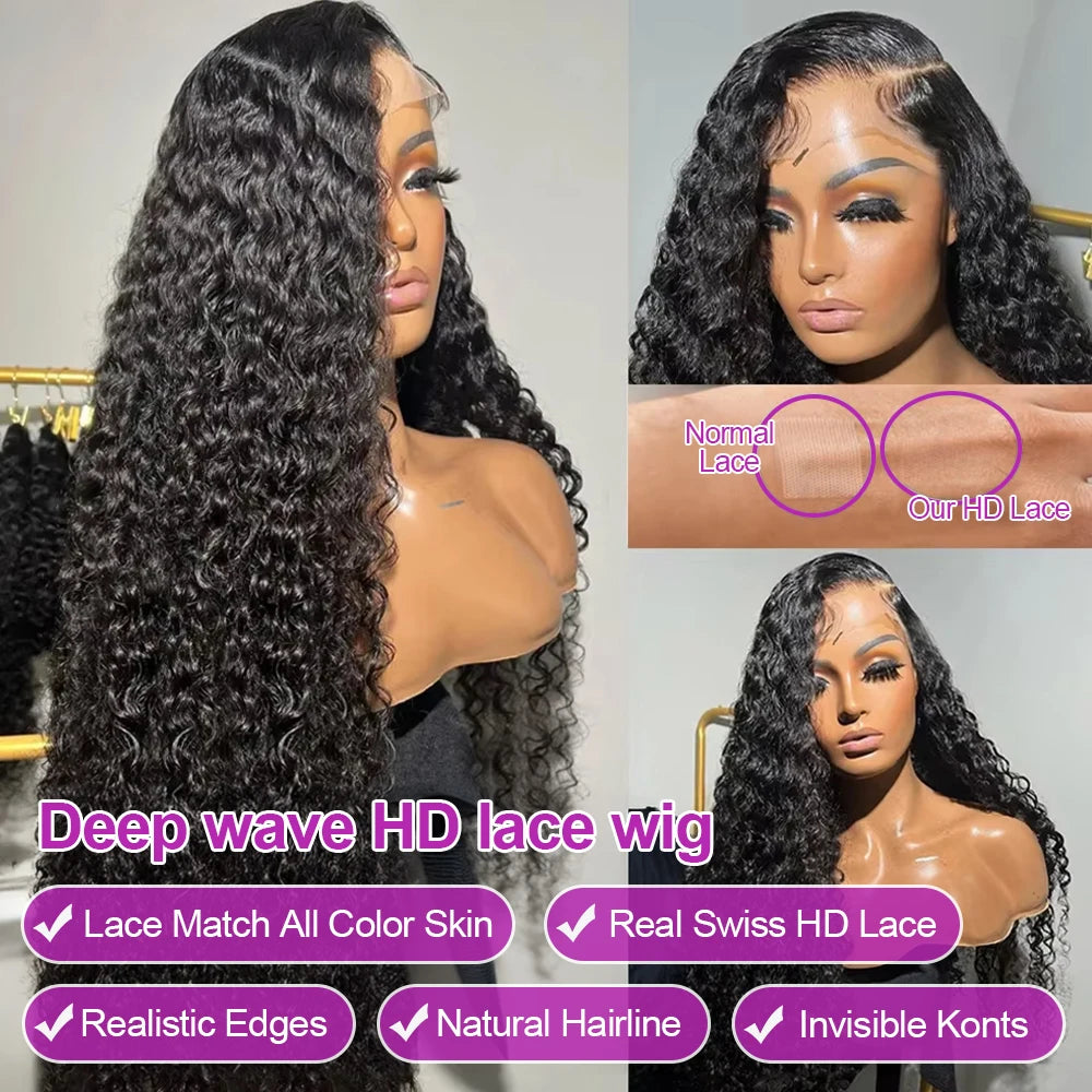 46 inch Hd Lace 13x4 13x6 Curly Deep Wave Frontal Wig Brazilian Curly Human Hair Wig Loose Water Wave Wig For Women 300 Density